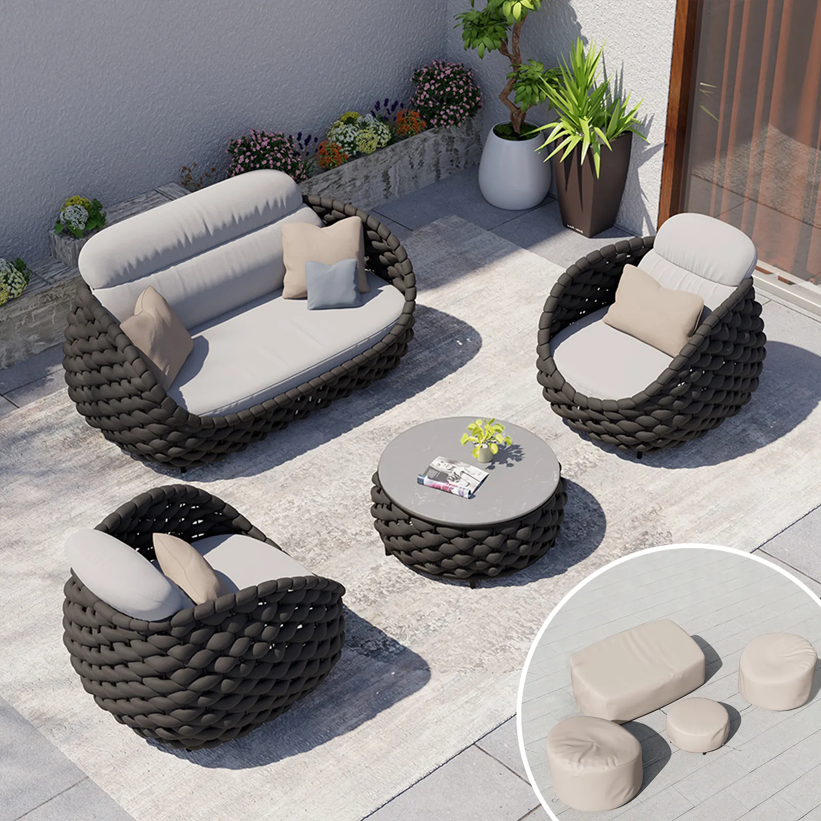 Cocaro 8-Piece Outdoor Rope Weave Swivel Sofa Set with Ivory Cover in Dark Grey