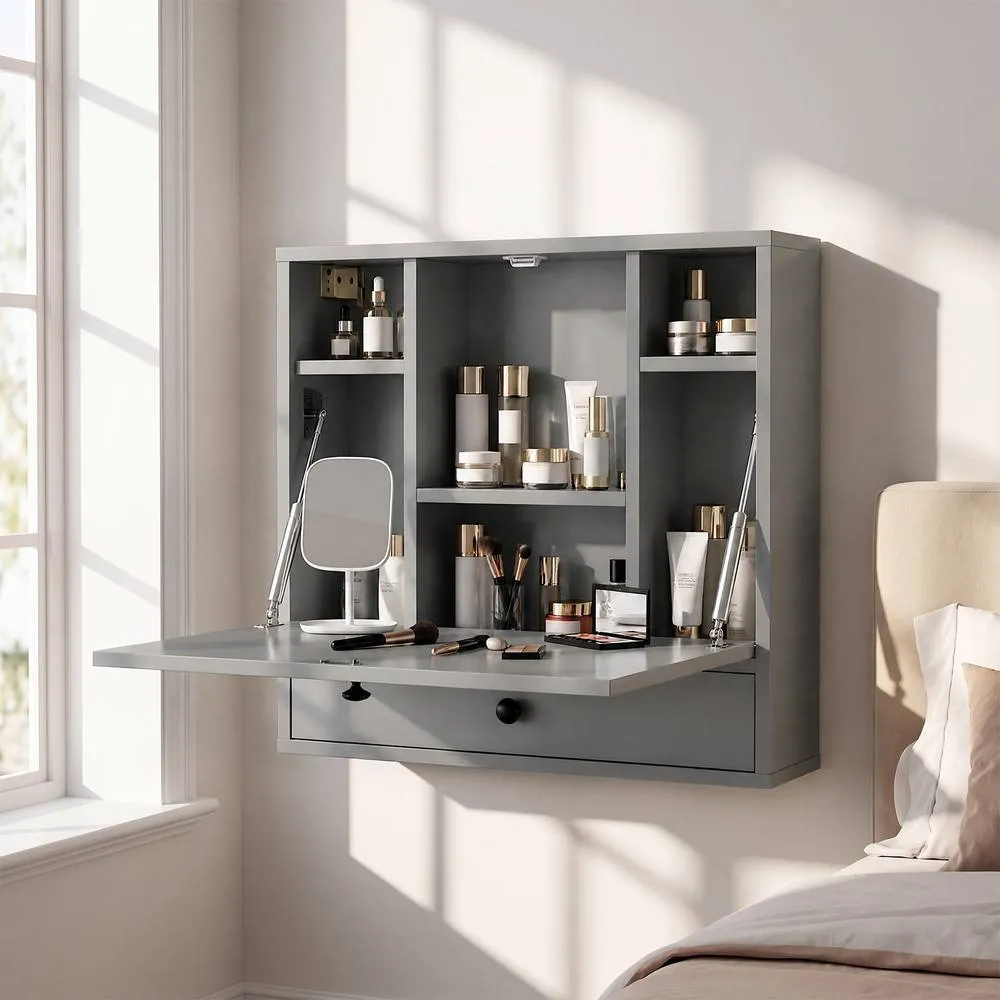 Costway Wall Mounted Fold Down Desk Computer Workstation w/ Drawer in Grey 4