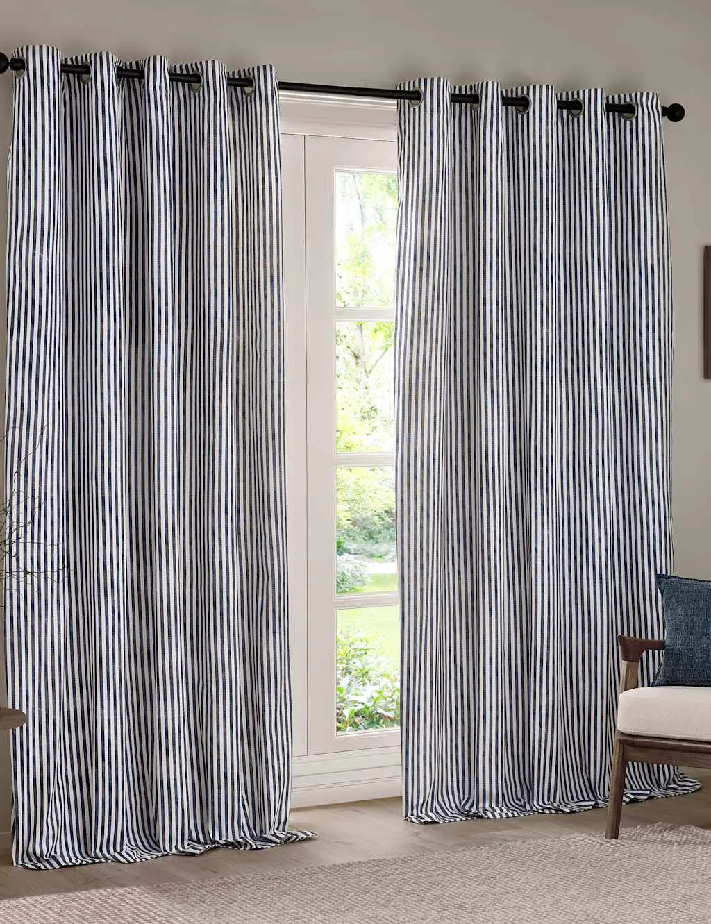 YARD Hebden Pure Cotton Striped Eyelet Curtains Navy Mix