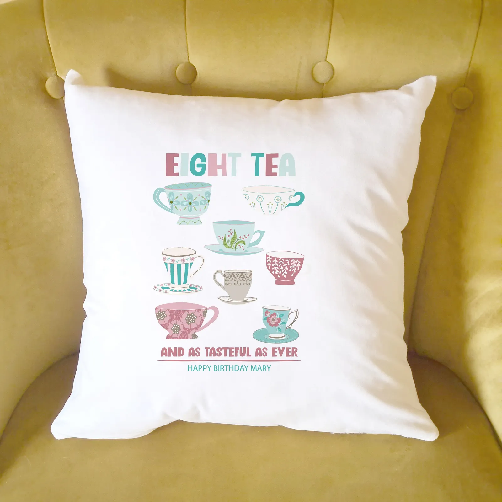 Afewhometruths Personalised 80th Birthday Gift Cushion for Tea Lover in White