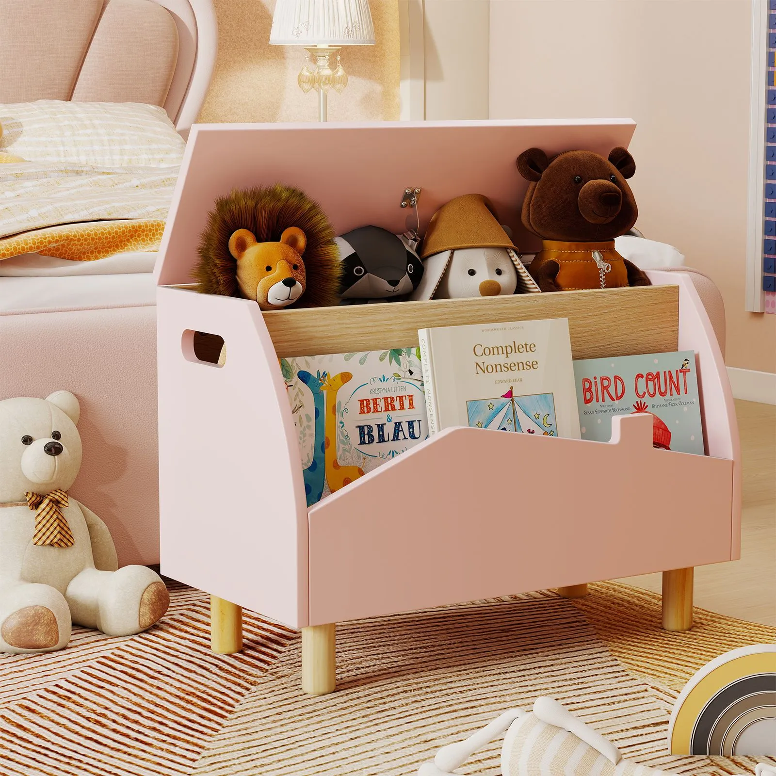 Costway Toy Storage Chest Bookcase Wooden Toy Box w/ Shelf in Pink 3