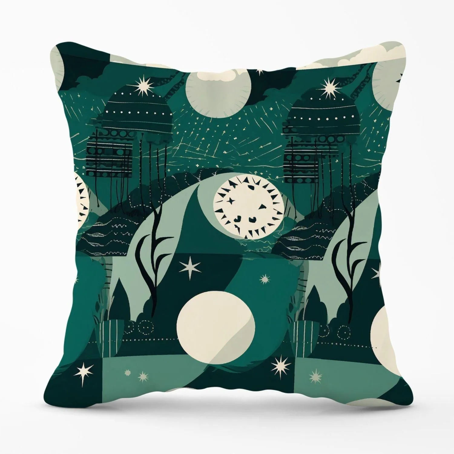 Warren Reed - Designer Abstact Green Cream Moon & Stars Outdoor Cushion