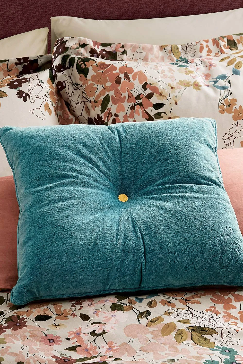 Ted Baker 'TB Branded Button' Cotton Velvet Cushion in Blue 2