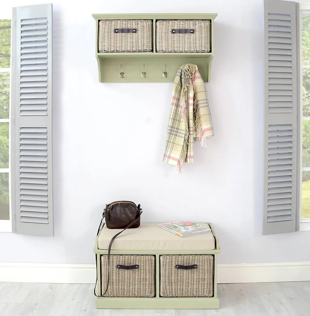 Statement Furniture Tetbury Coat Rack Hanging Shelf with 2 Brown Storage Baskets in Light Green 5