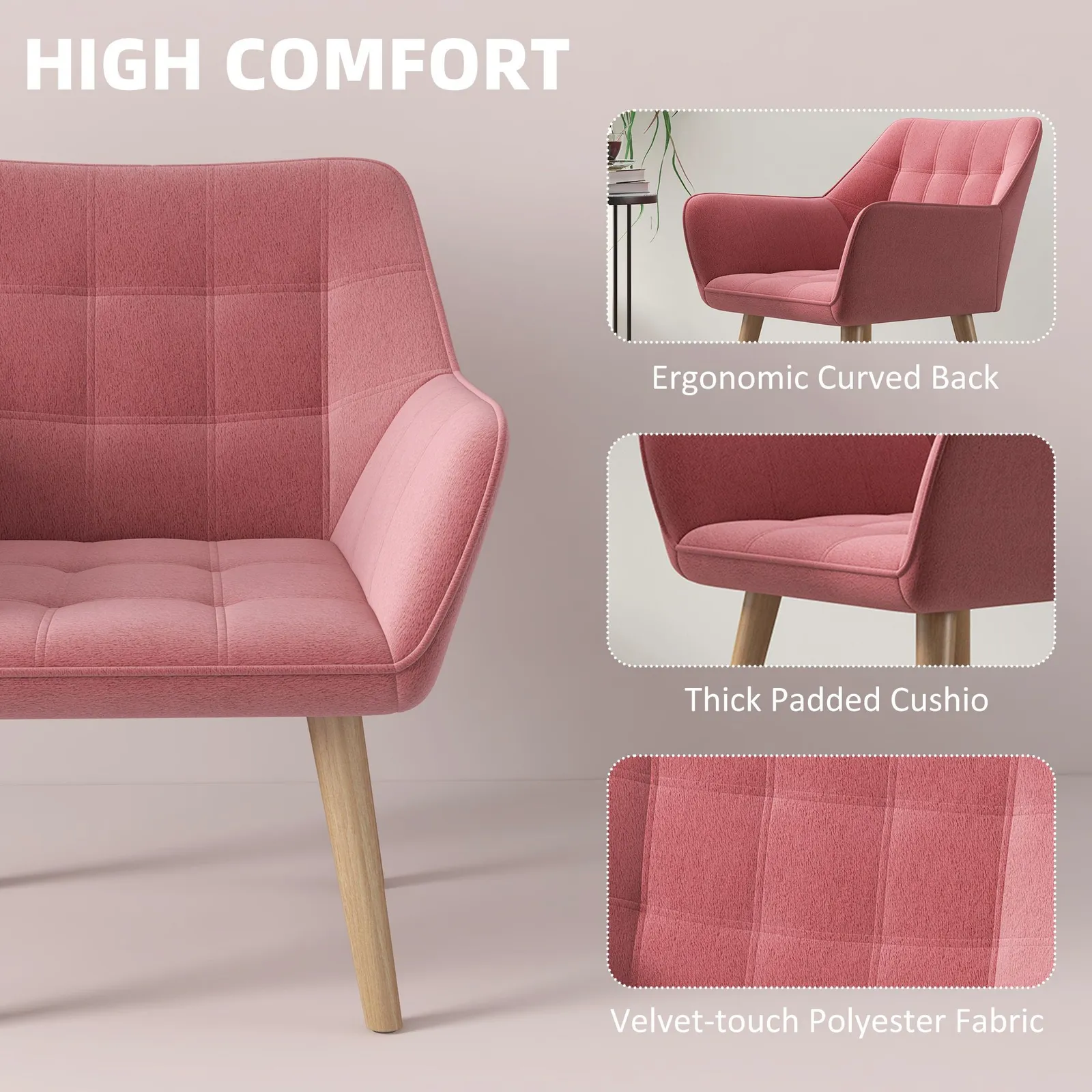 HOMCOM Velvet-Feel Accent Chair with Arms Slanted Back Wood Legs in Pink 4