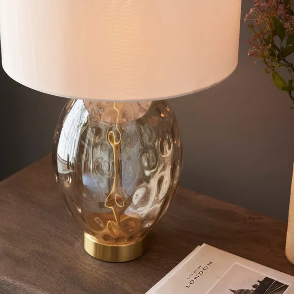 Endon Collection Elin Dimple Table Lamp With Round Shade Champagne Lustre Glass Satin Brass Plate With Vintage White Fabric 1X E27, Cream 5