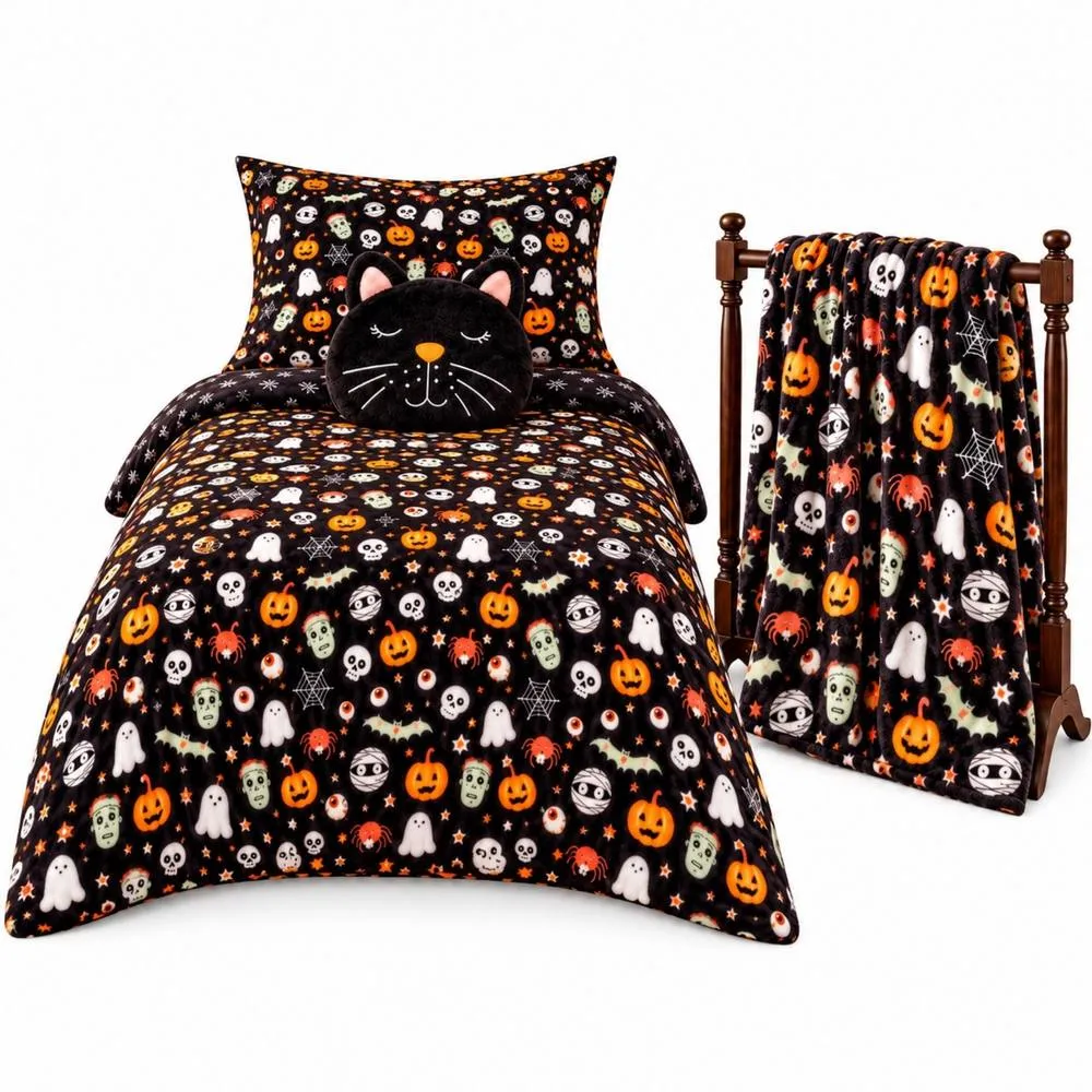 Smart Living 3 Piece Halloween Bedding Bundle Single Duvet Throw Cat Cushion in Black