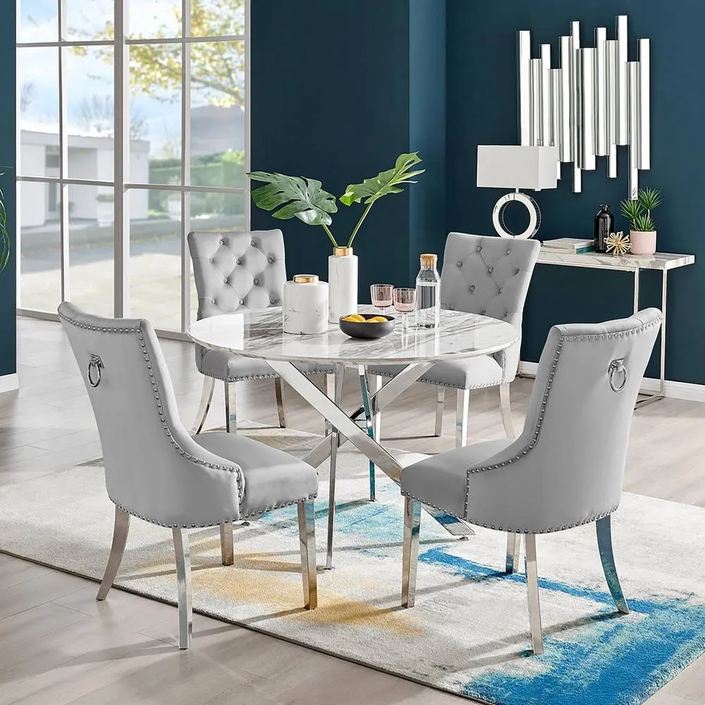FurnitureboxUK Novara White Marble 120cm Round Dining Table & 4 Grey Belgravia Chairs