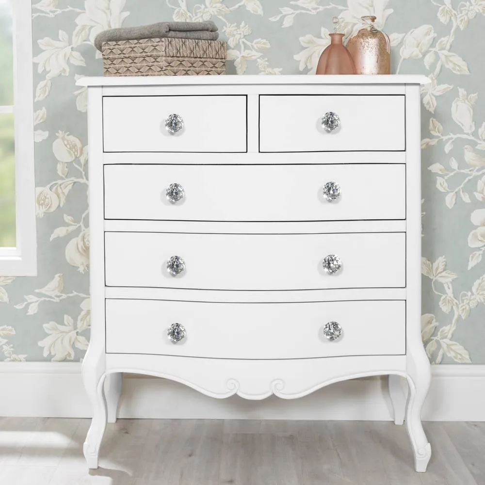 Statement Furniture Juliette Vintage Chic 2 Over 3 Chest of Drawers with Crystal Handles in White