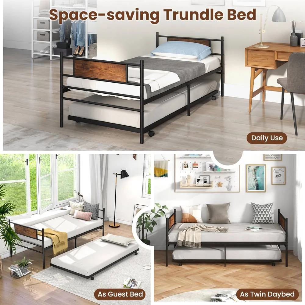 Costway Metal Daybed with Pull-out Trundle Single Sofa Guest Bed w/Headboard in Brown 5