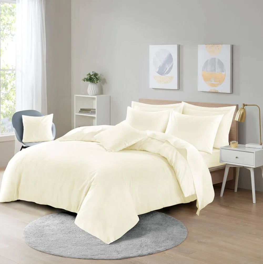 Homes-Linen Plain Dyed Polycotton Duvet Cover Set with Pillowcases in Cream