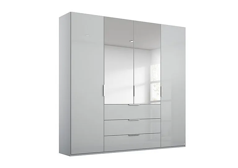Formes Glass 4 Door Combi Hinged Wardrobe with 2 Mirrors and Drawers - Silk Grey/Silk Grey Front
