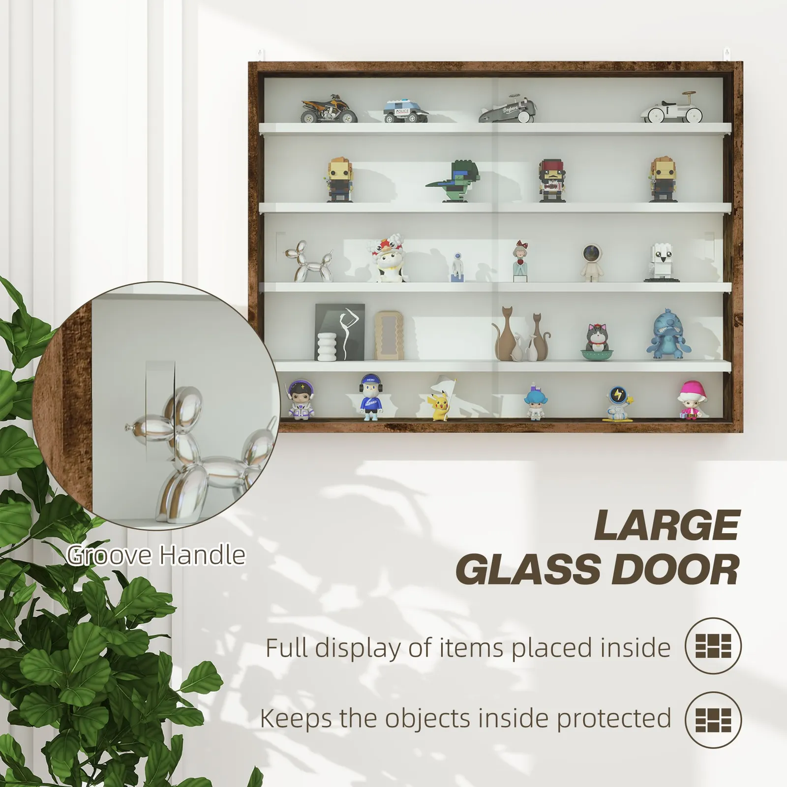 HOMCOM 5-Tier Wall Display Shelf Unit Cabinet w/ Shelves Glass Doors in Brown 6