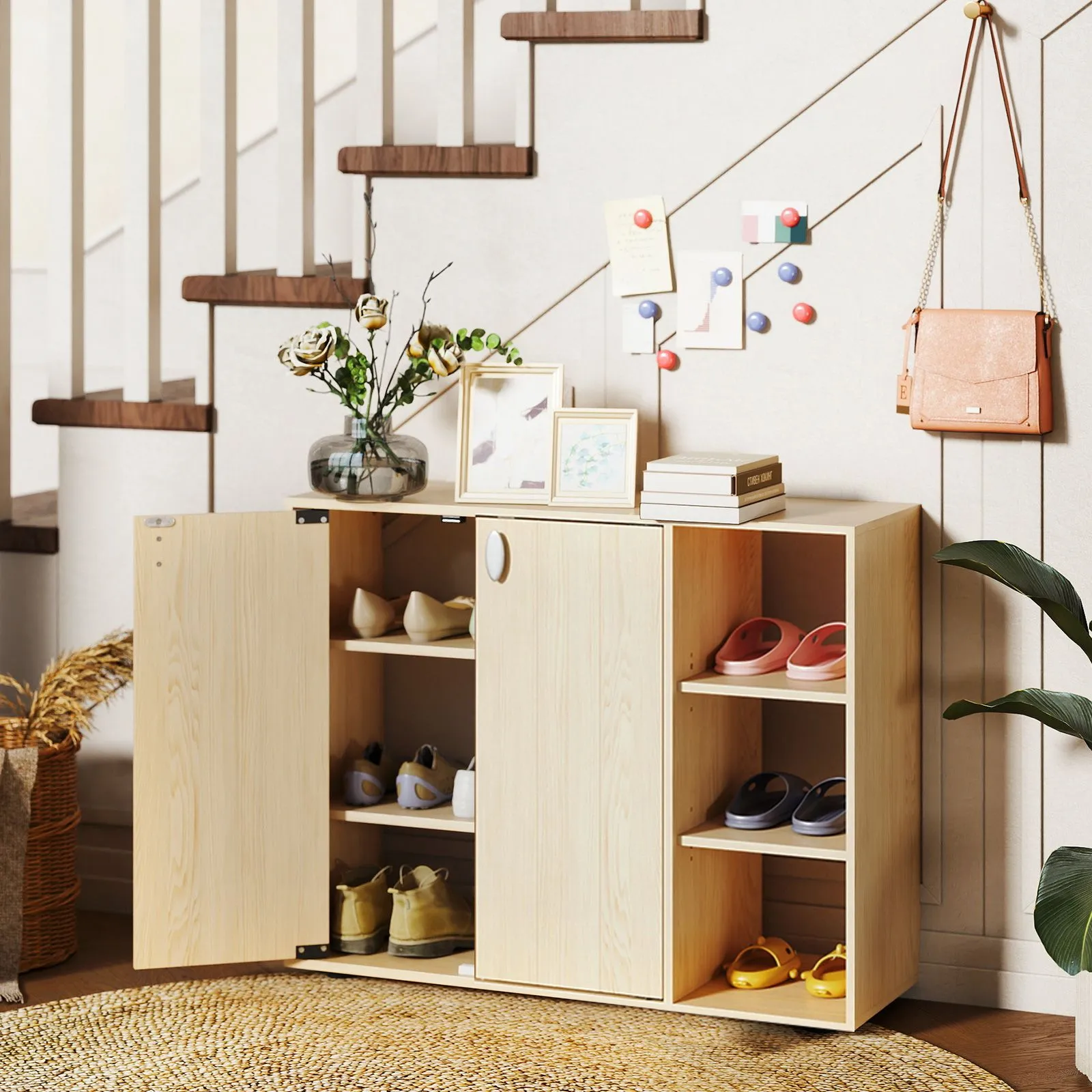 Costway 3-Tier Shoe Storage Rack Shoe Cabinet with Doors in Natural 4