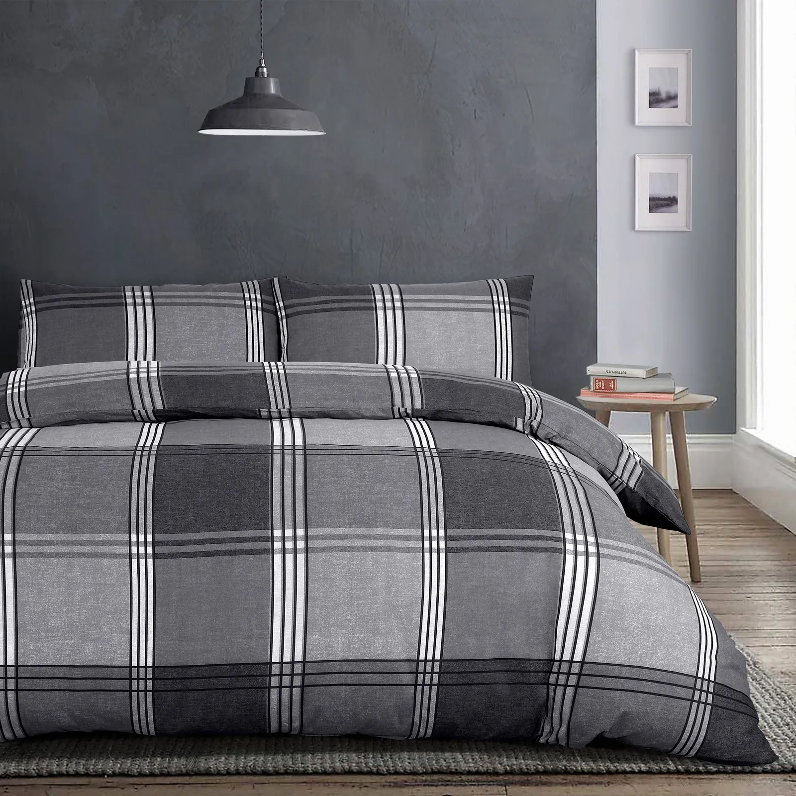 Velosso Hamilton Check Cotton Rich Printed Duvet Cover & Pillowcase Set in Grey
