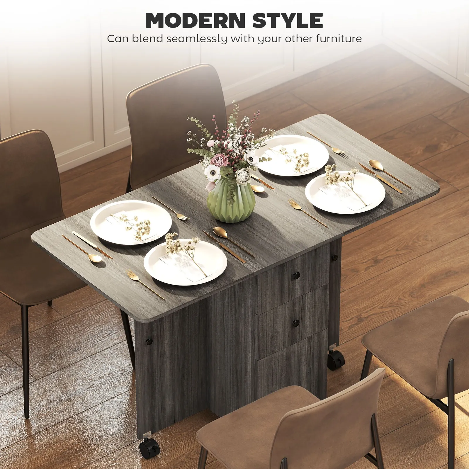 HOMCOM Folding Dining Table, Drop Leaf Table With Storage Drawers in Grey 4