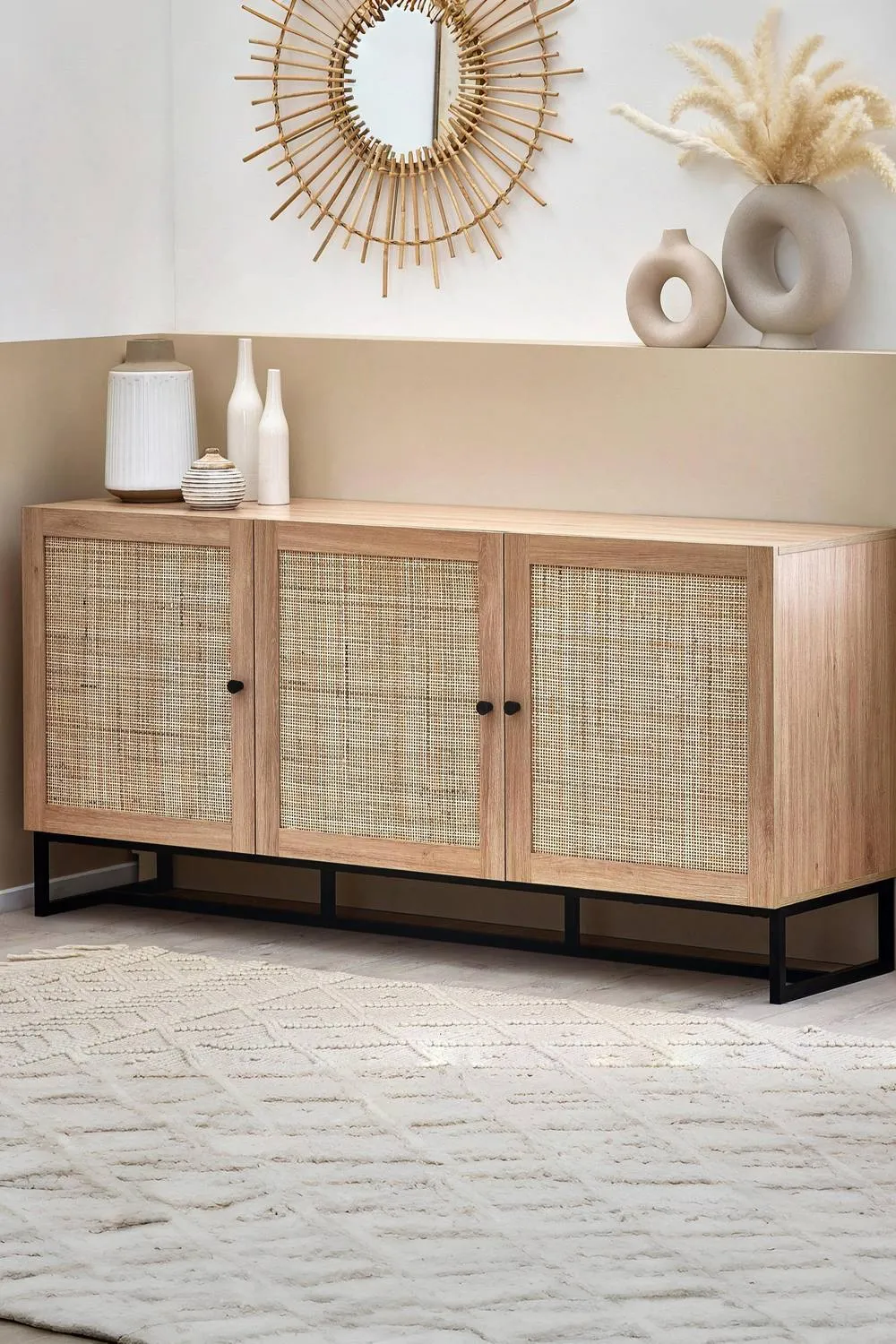 Julian Bowen Padstow Rattan 3 Door Sideboard in Light Oak 1