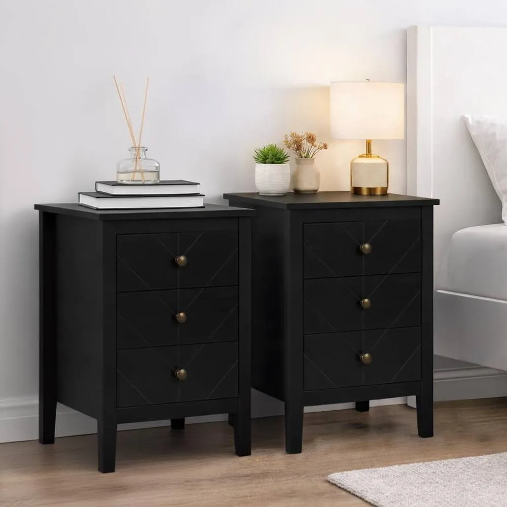 Birlea Pair of Emerson 3 Drawer Bedside Cabinet Chest Table Black