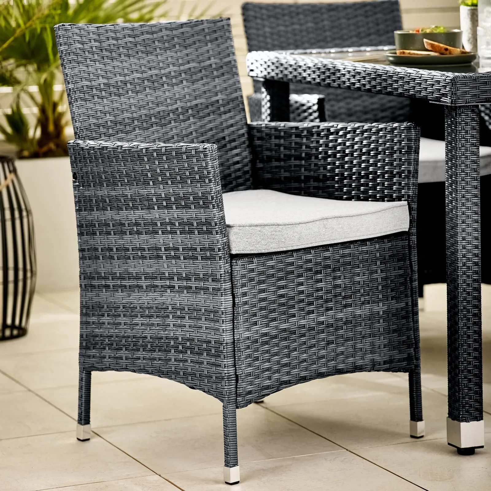 FurnitureboxUK Barbados Rattan Outdoor Garden Dining Set, PE Rattan & Cushions, 4 Chairs 1 Square Glass Top Outdoor Table in Grey 5
