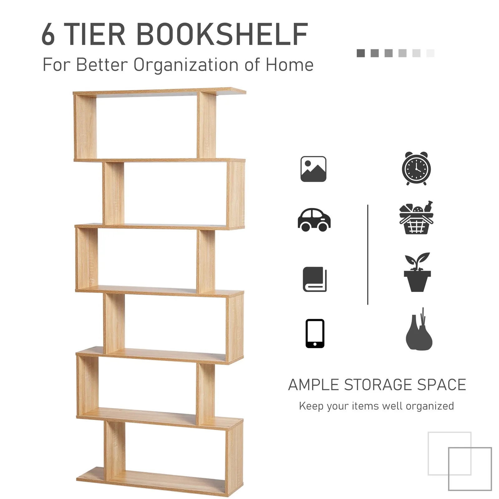 HOMCOM Storage Shelf Modern S-Shape Design Stand Unit Storage Display for Home in Light Oak 5