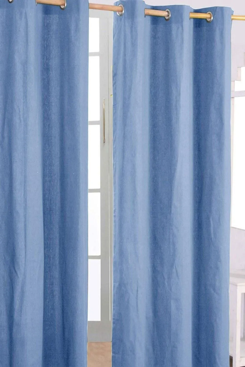 Homescapes Plain Cotton Ready Made Eyelet Curtain Pair in Mid Blue 1