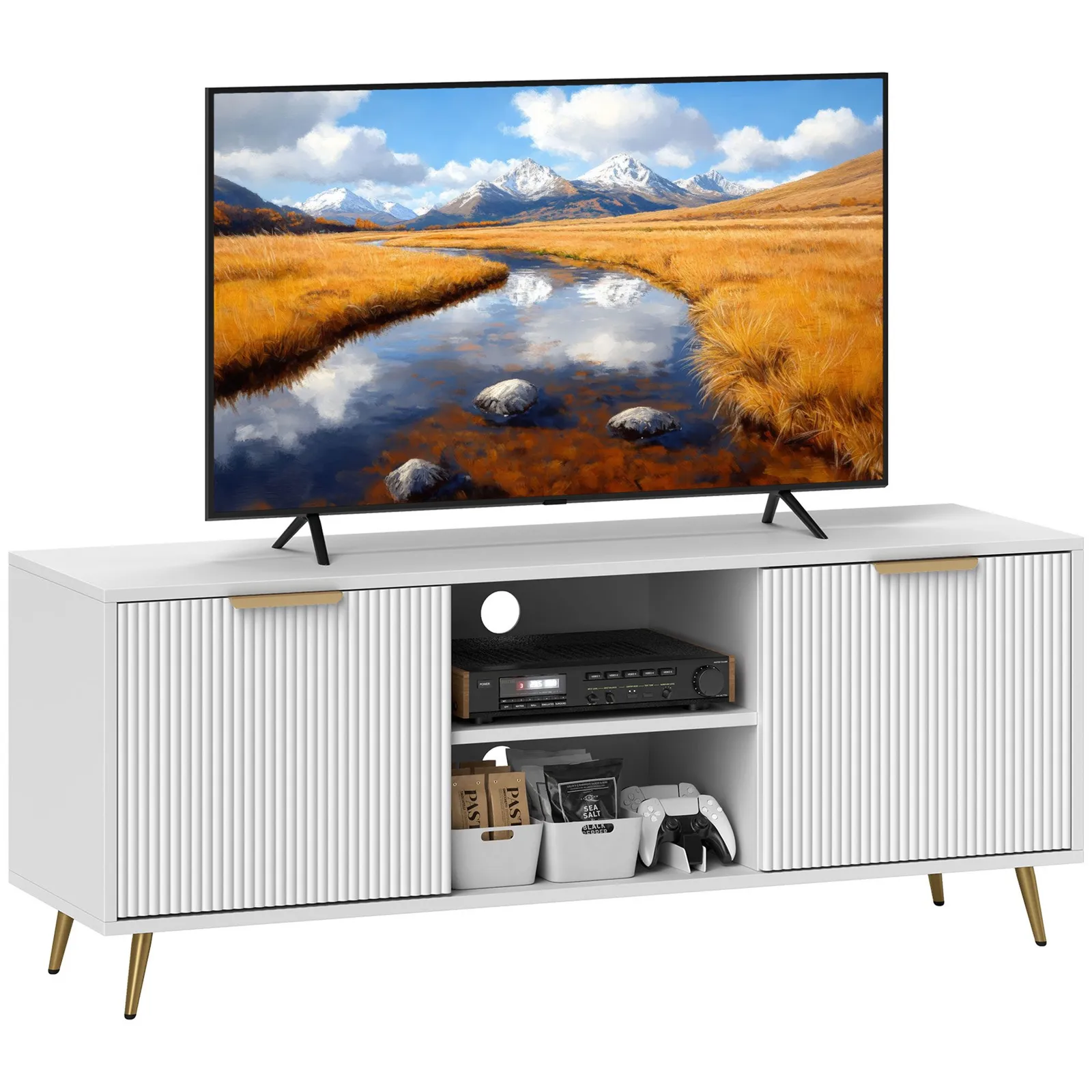 HOMCOM Modern TV Stand Cabinet with Storage for Living Room, White 2