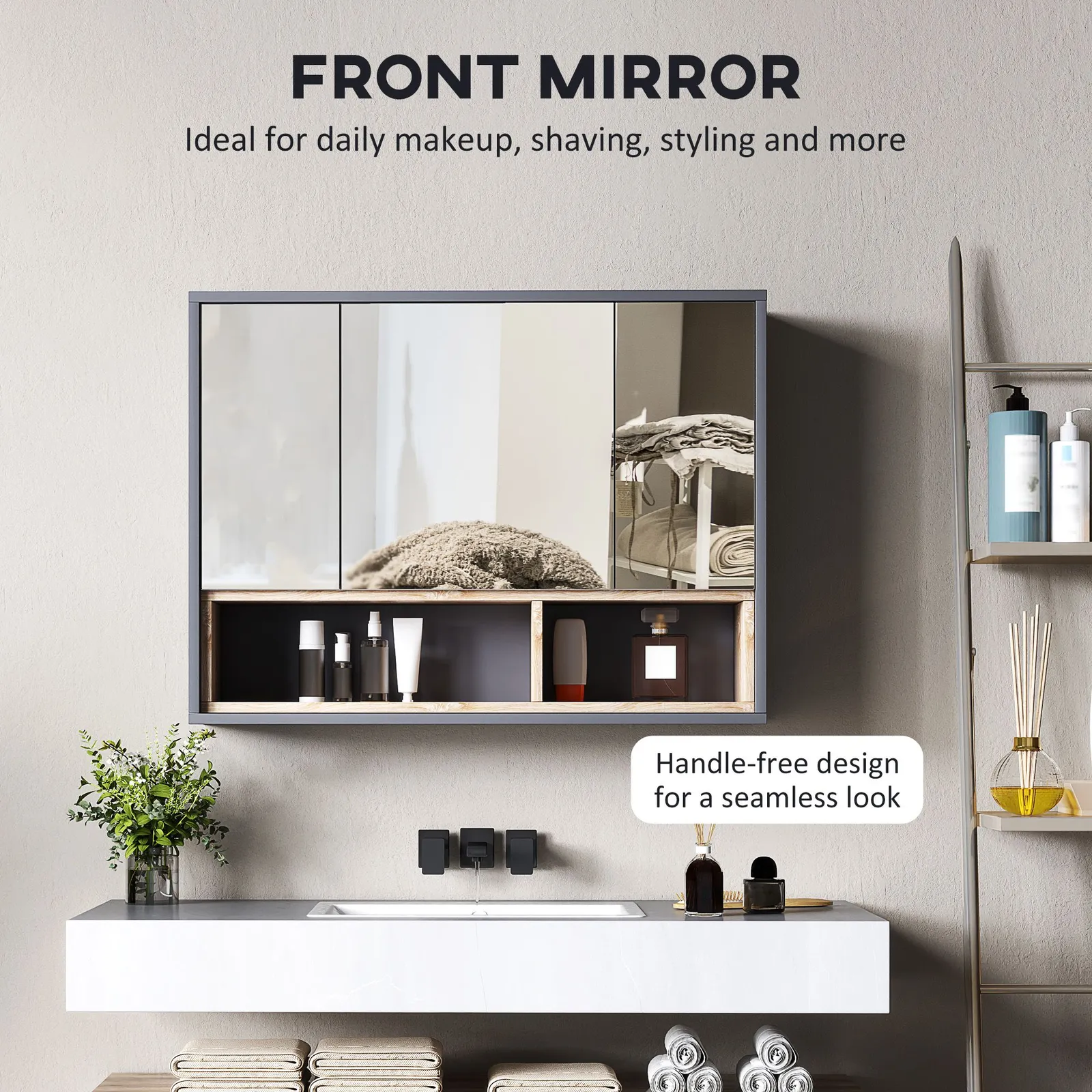 HOMCOM Bathroom Cabinet Wall Mounted Mirror Storage with Shelves Grey 5