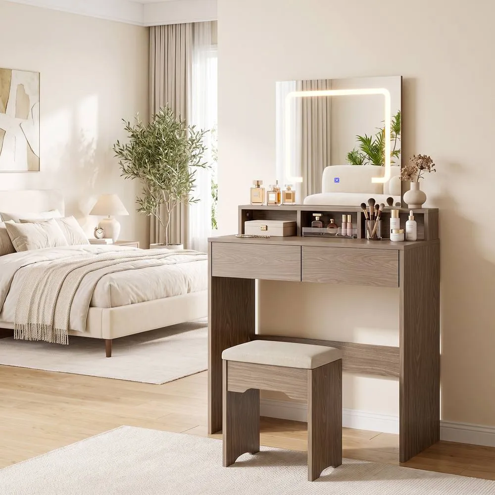 HOMCOM Dressing Table with LED Mirror, Drawers, Walnut Brown & White 2