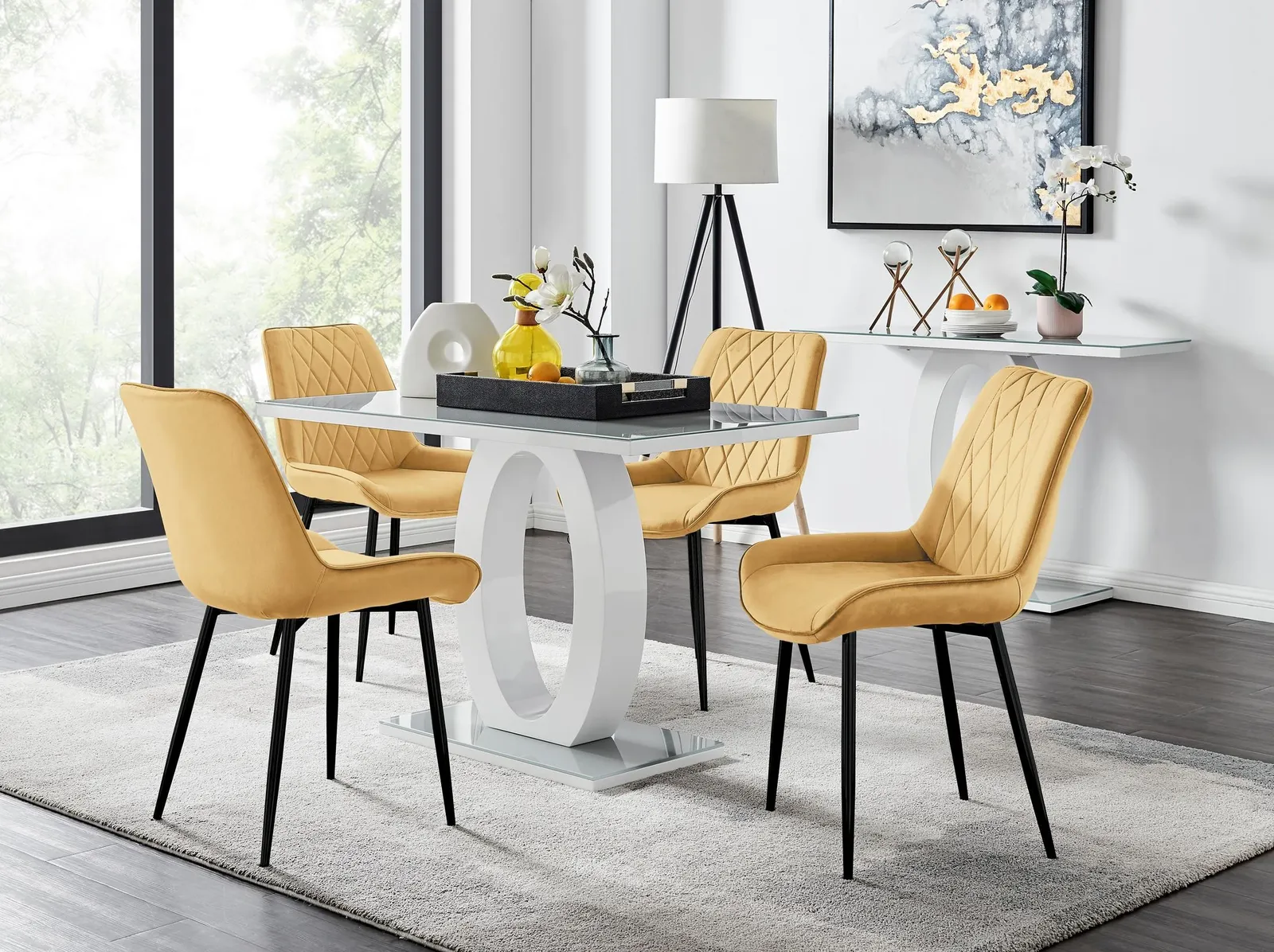 FurnitureboxUK Giovani 4 Grey Dining Table & 4 Pesaro Black Leg Chairs in Mustard 1