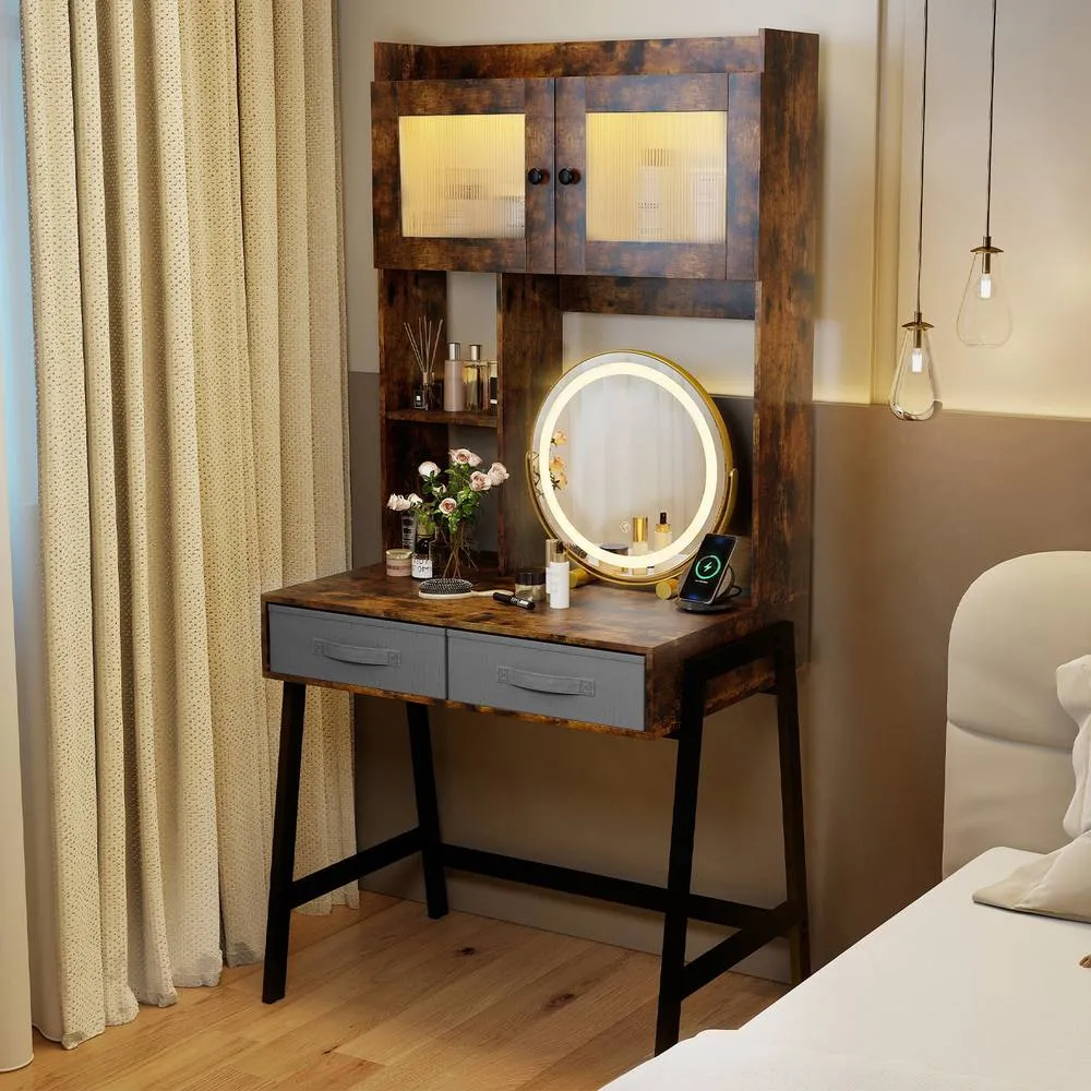 Costway Makeup Vanity Desk w/Mirror & Lights Dressing Table w/Charging Station in Brown 4