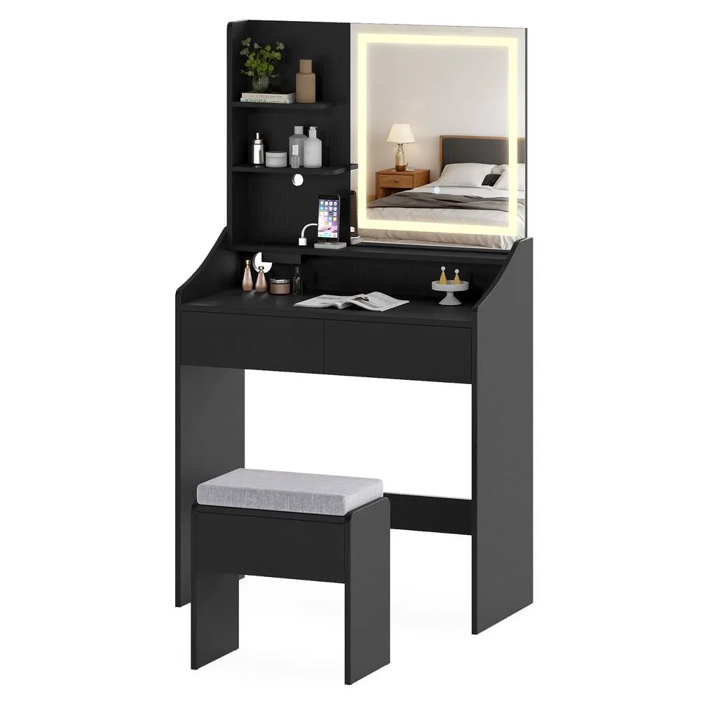 Costway Wooden Vanity Desk Set w/ Mirror & Lights Makeup Table w/Storage Stool in Black