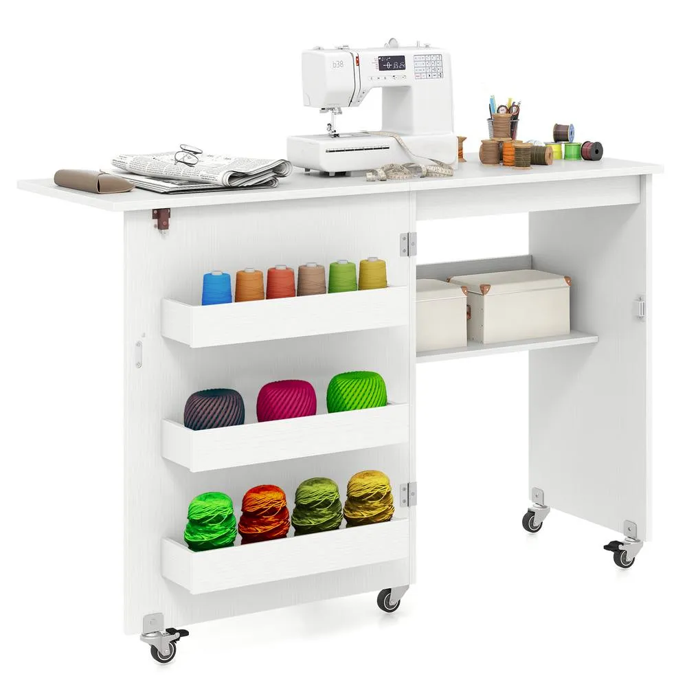 Costway Folding Sewing Table Mobile Sewing Machine Desk Rolling Craft Station in White