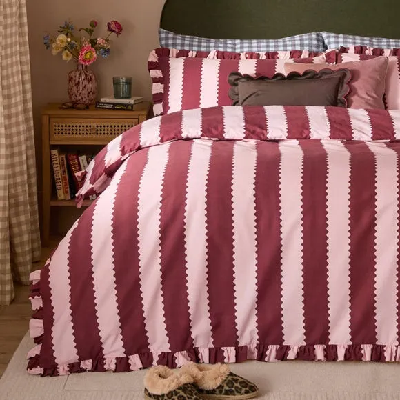 Wylder Nature Birdie Stripe Ruffle Duvet Cover Set, Single, Burgundy/Blossom, Red 4