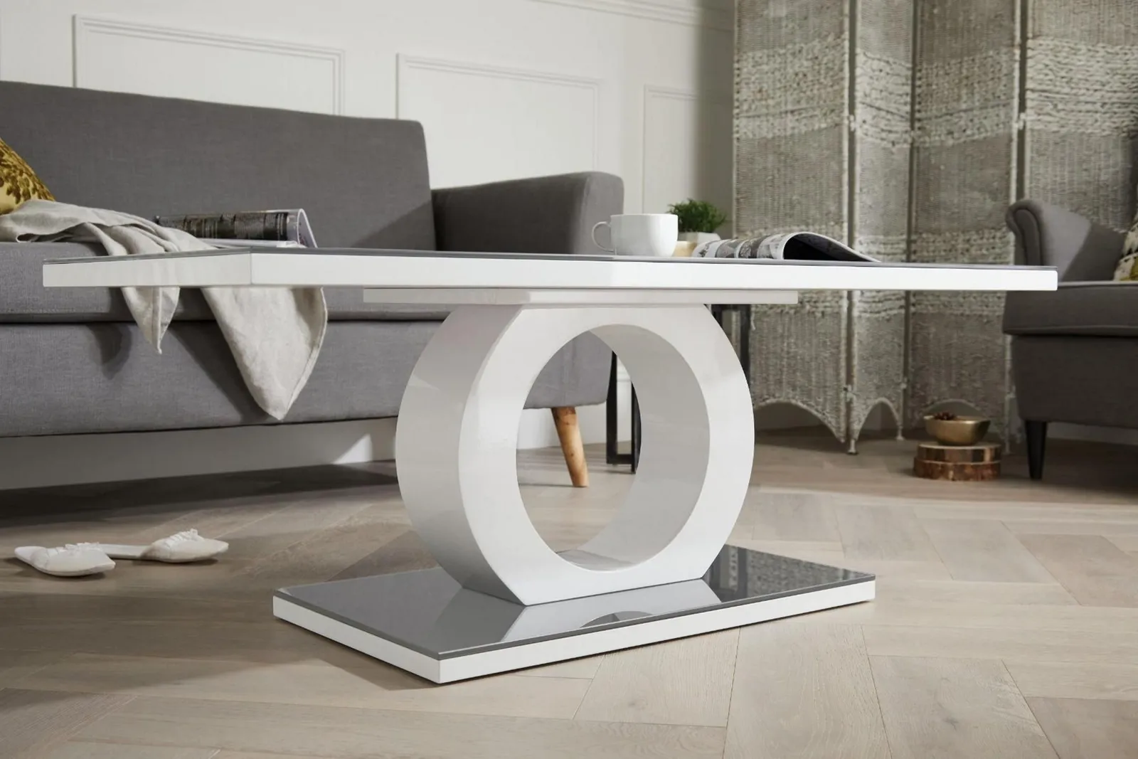 FurnitureboxUK Giovani Rectangular White High Gloss Coffee Table with Glass Top & Unique Halo Structural Plinth Base Design in Grey 2