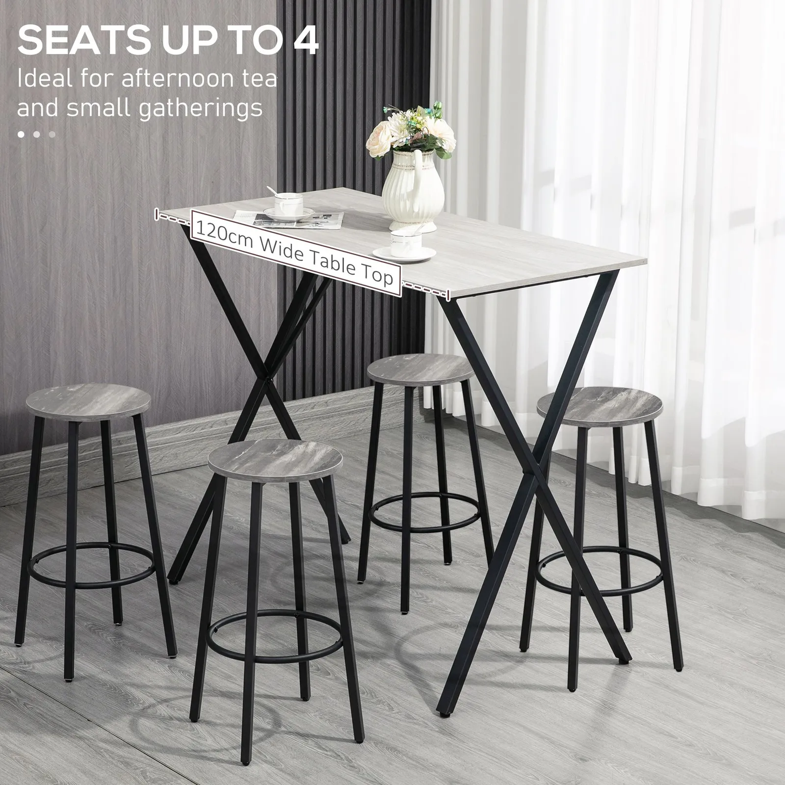 HOMCOM Modern Bar Table with Wood Effect Top Steel Legs for Living Room in White 4