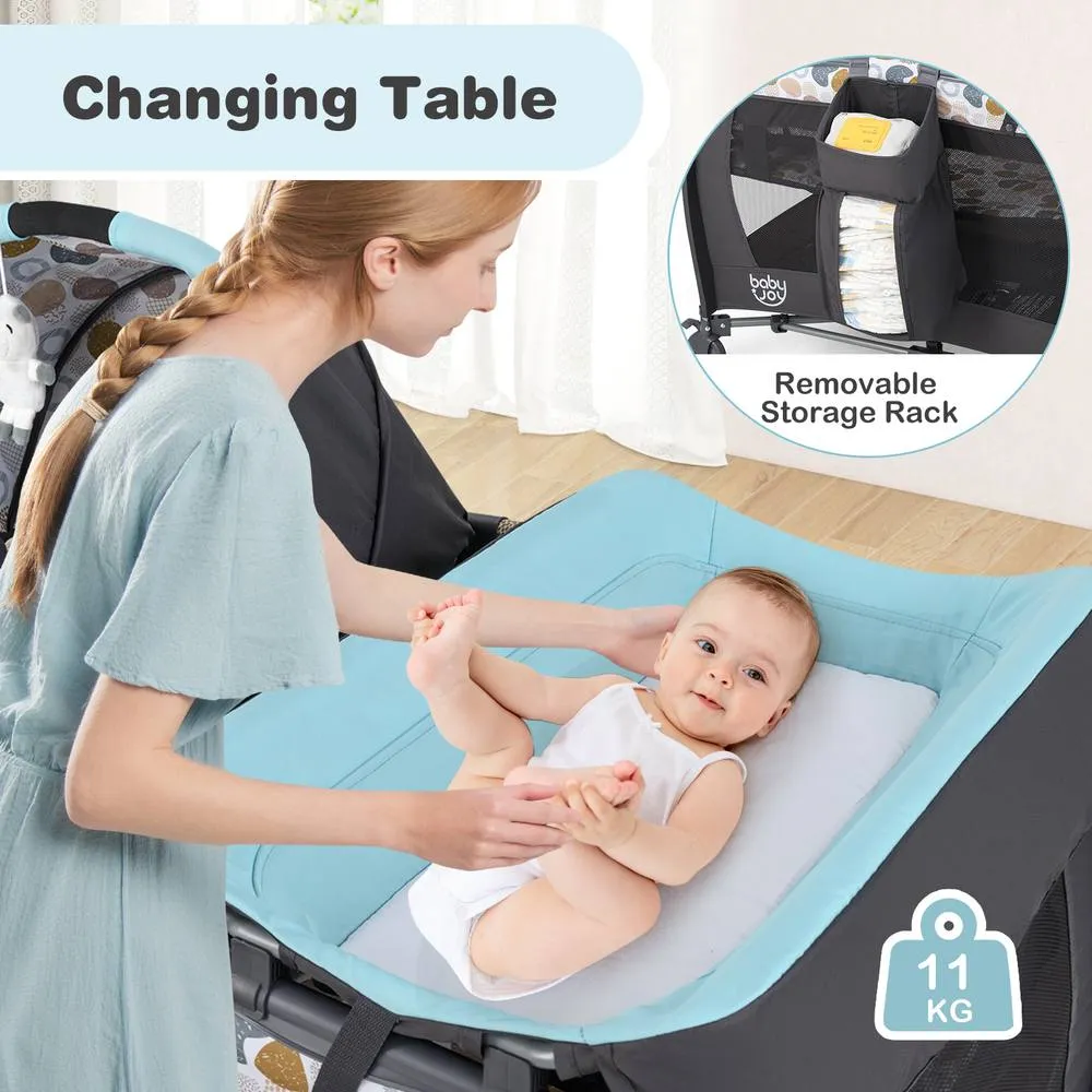 Costway Foldable Pack &Play Portable Baby Playard w/Rocking Bassinet&Music Box in Blue 6