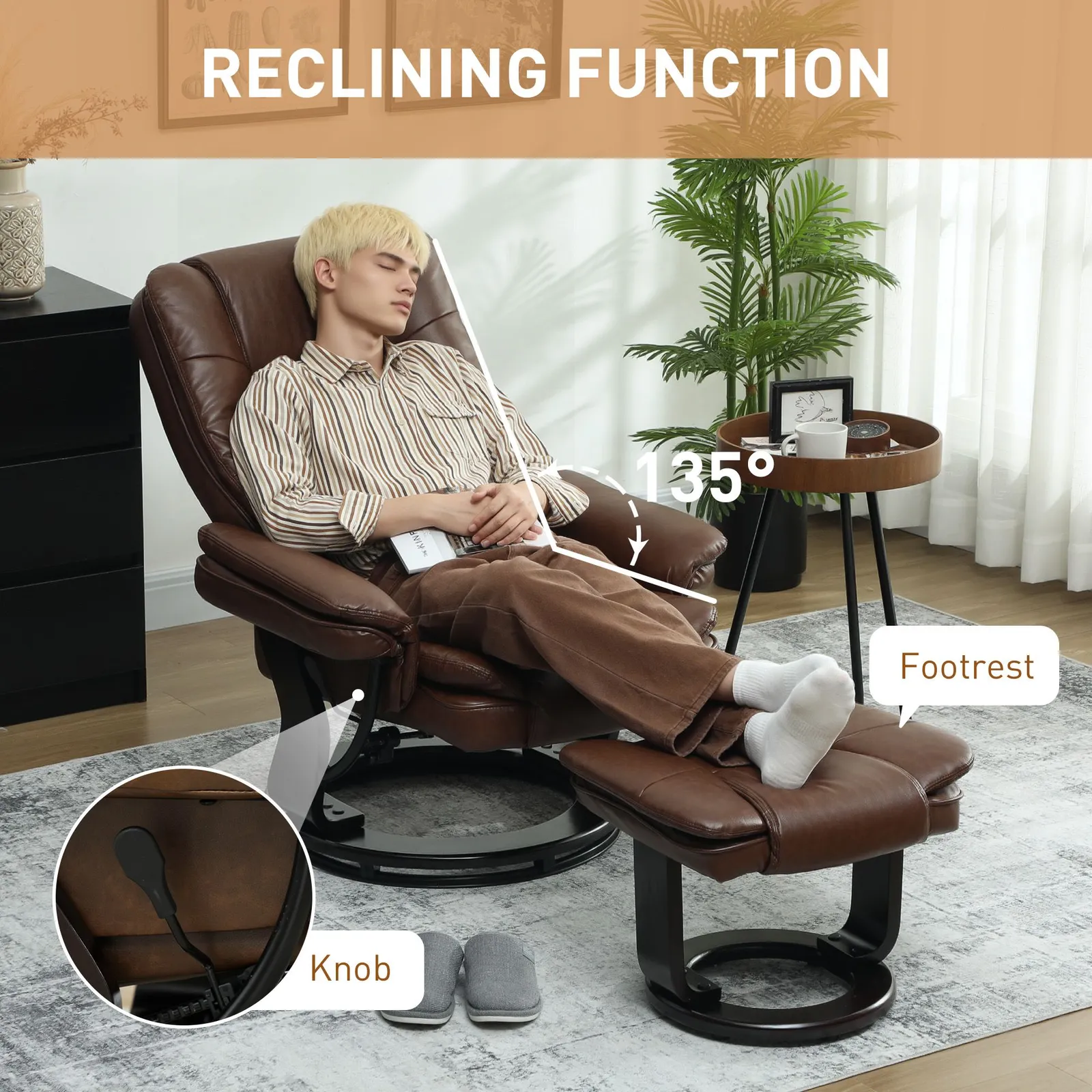 HOMCOM Swivel Manual Recliner & Footrest Set PU Leather Chair Brown in Dark Brown 4