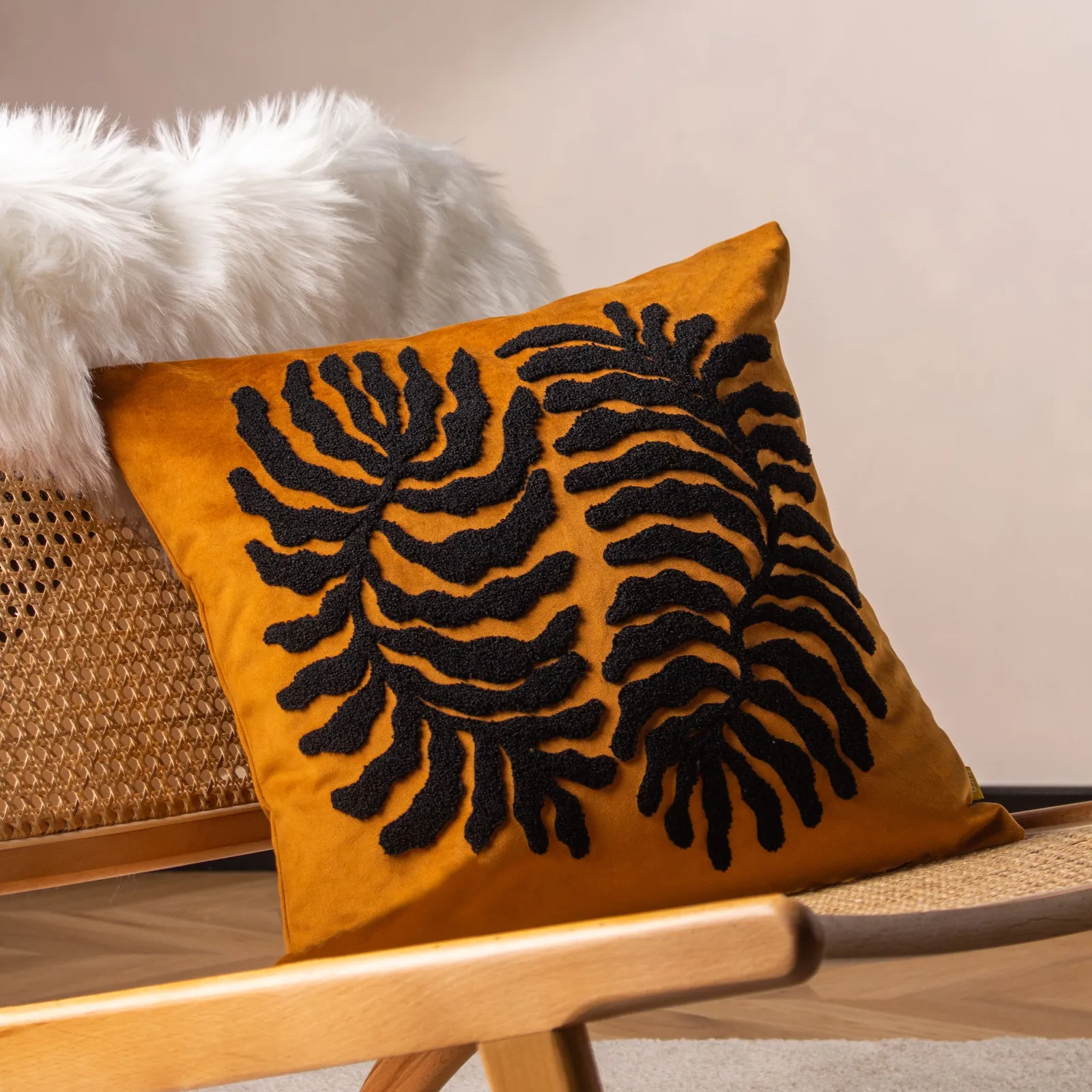 Furn Maldive Botanical Velvet Tufted Cushion in Light Brown