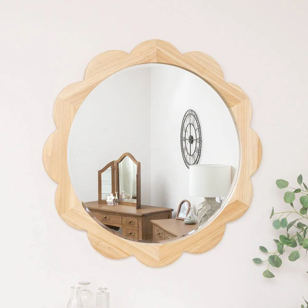 Melody Maison Large Light Wood Scalloped Edge Bevelled Wall Mirror - 97cm in Light Brown 2