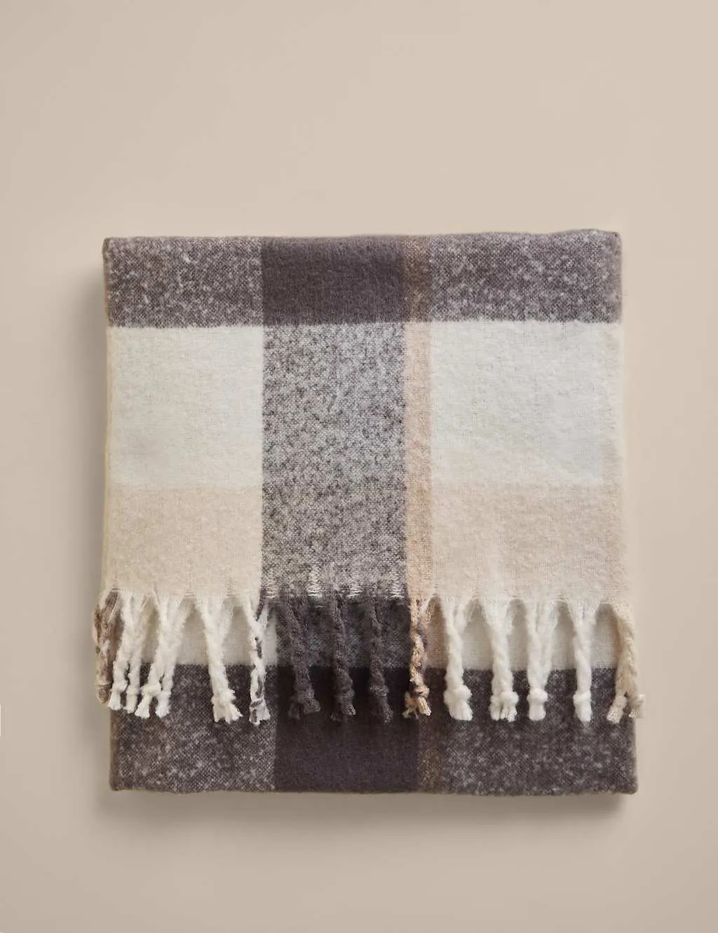 M&S Faux Mohair Checked Throw Neutral