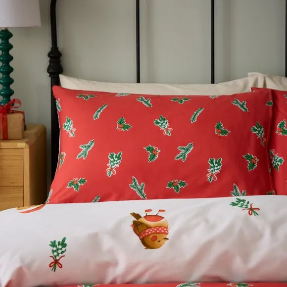 Catherine Lansfield Christmas Robins Polycotton Duvet Cover & Pillowcase Set 5