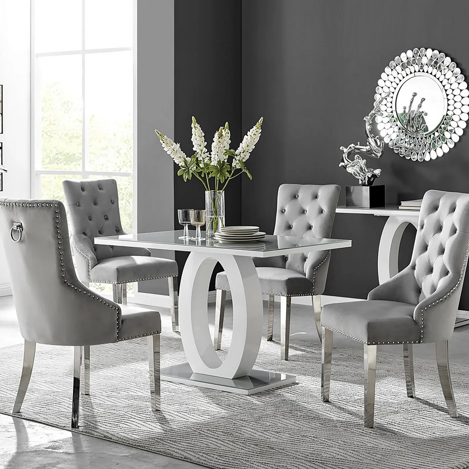 FurnitureboxUK Giovani 4 Grey Dining Table & 4 Velvet Belgravia Chairs