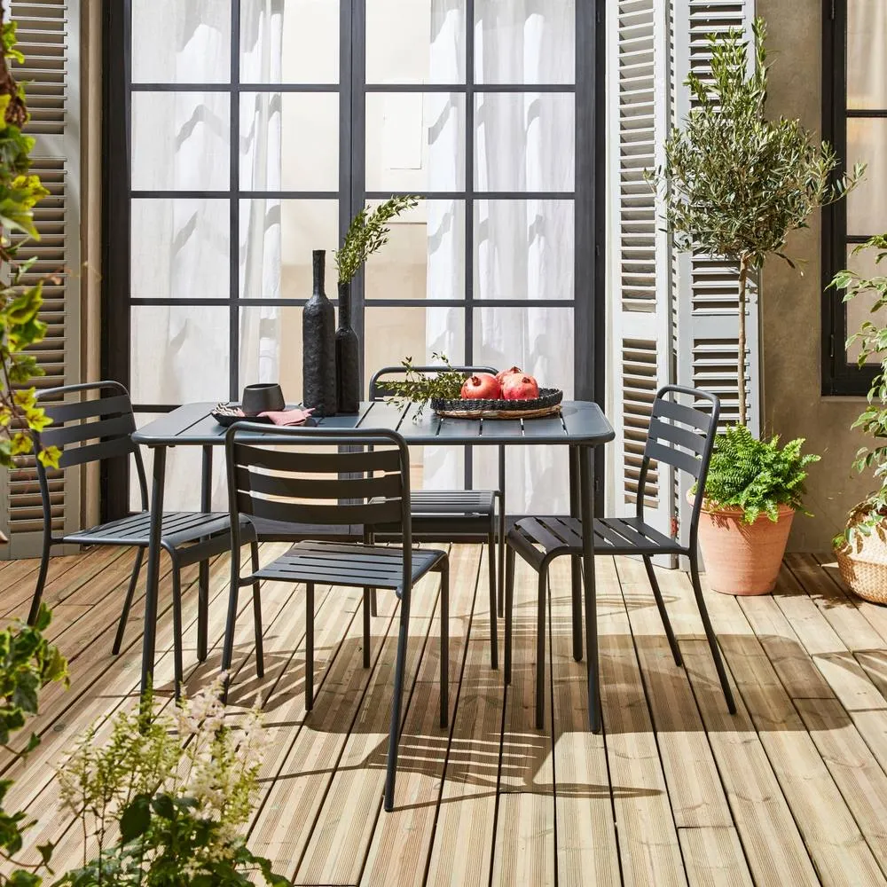 sweeek 4-seater Rectangular Steel Garden Table With 4 Chairs in Dark Grey