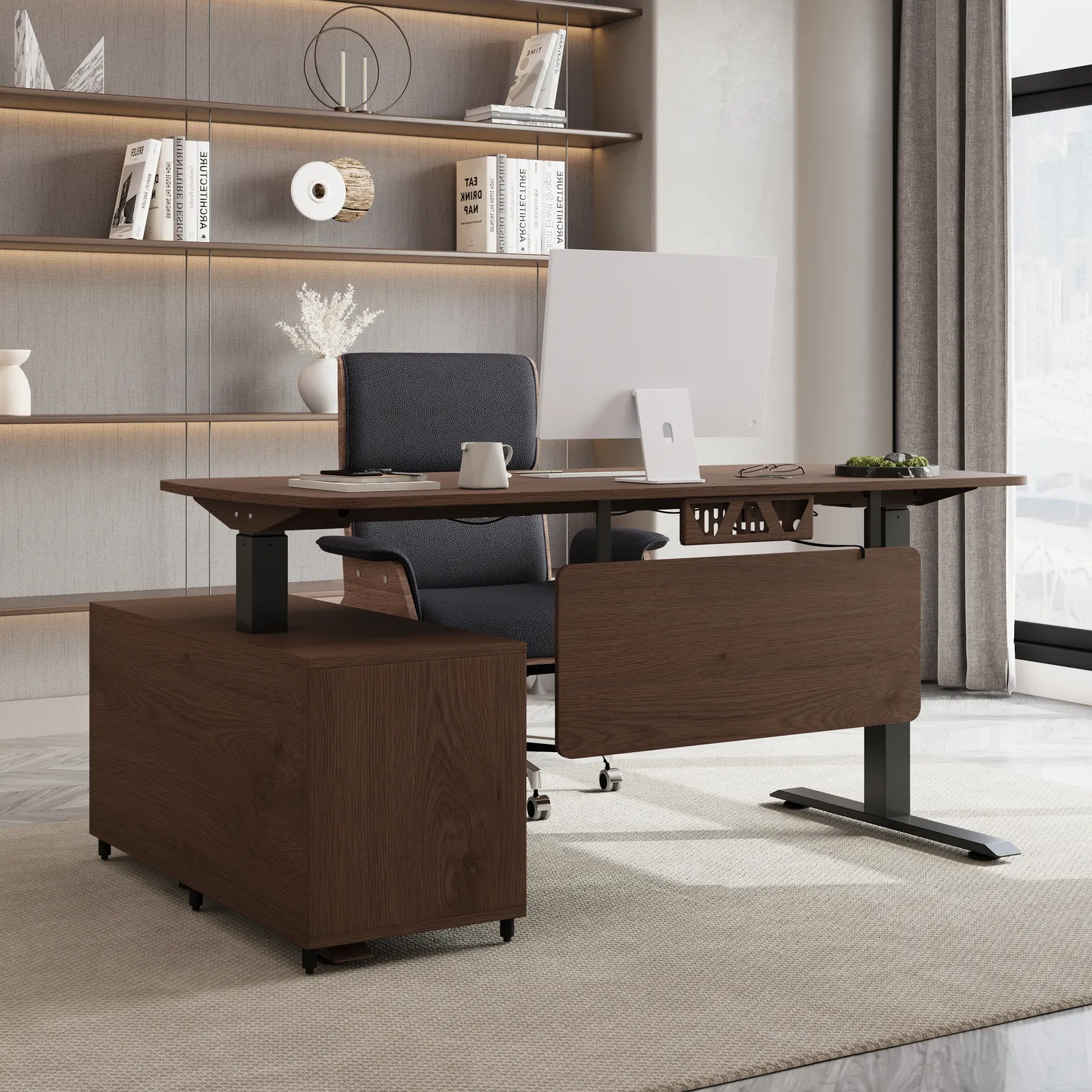 Adjustable Upholstered Swivel Office Chair Faux Leather Comfy Office Chair  Executive with Adjustable Electric Standing Desktop Right Hand (1600mm)