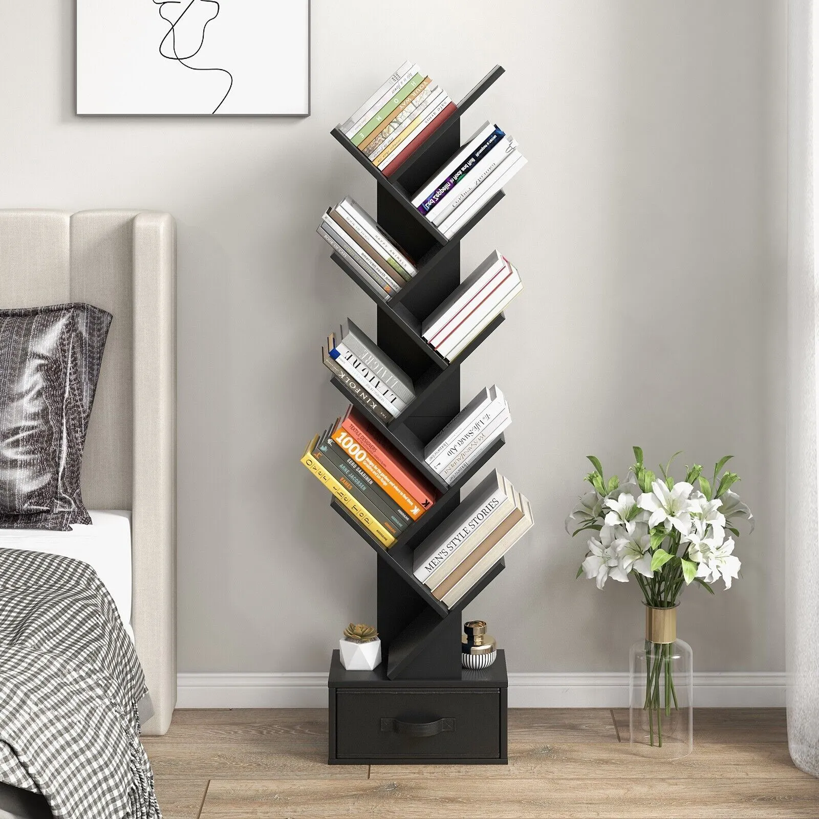 Costway 10 Tiers Bookshelf Display Bookcase Tree Shaped Storage Rack Shelves with Drawer in Black 6