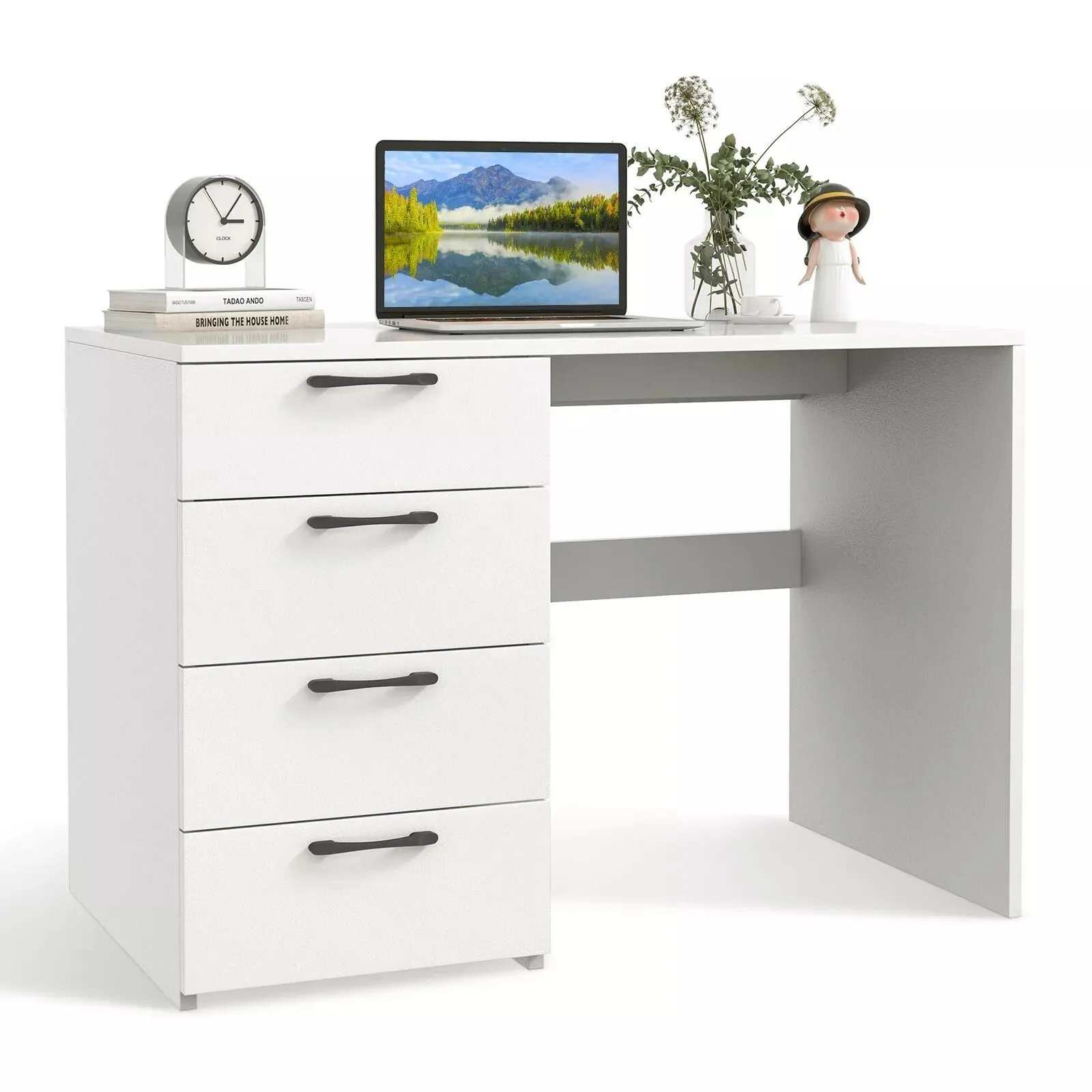 Costway 4 Drawers Computer Desk Modern Writing Desk Compact Laptop PC Table Workstation in White