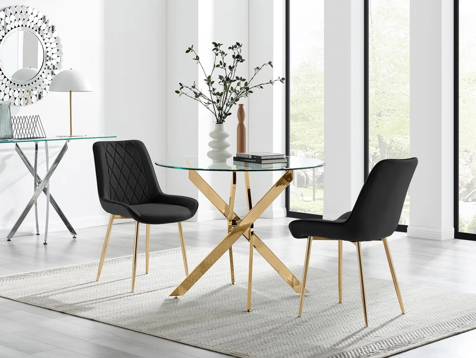 FurnitureboxUK Novara 100cm Round Gold Leg Dining Table & 2 Pesaro Gold Leg Chairs in Black 1