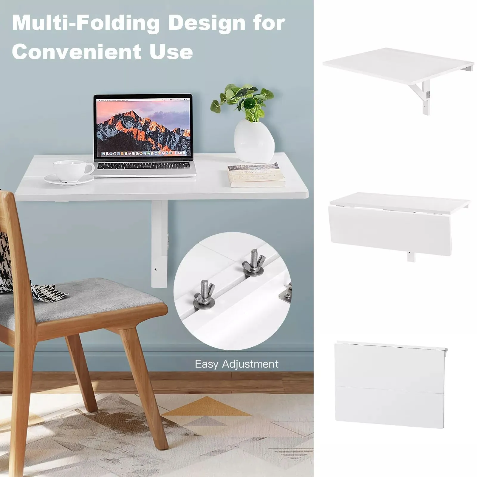 Costway Wall Mounted Table Folding Multi-use Hanging Drop-Leaf Laptop Desk in White 5