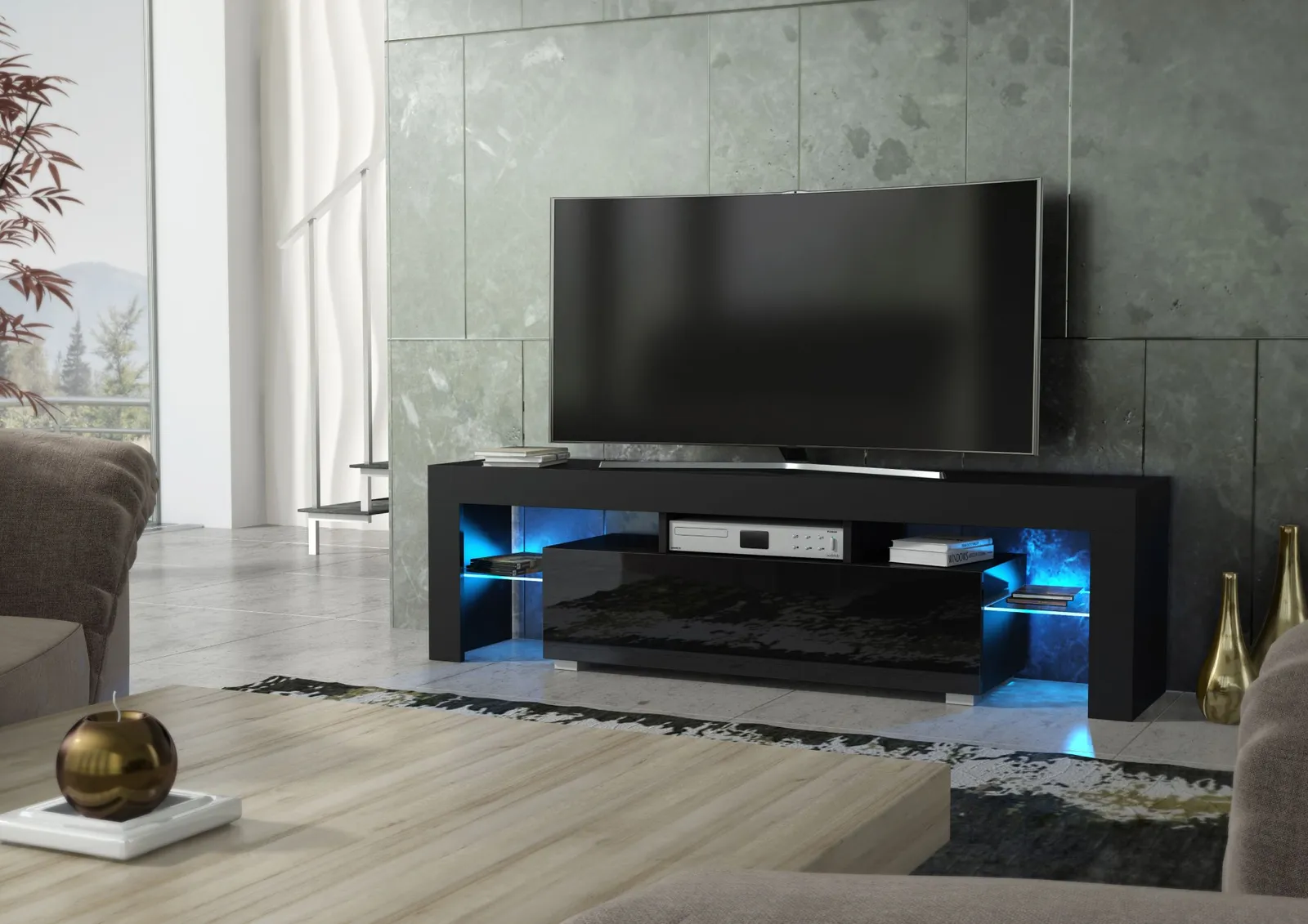 Creative Furniture Aria TV Unit 160cm - A Sleek & Functional Cabinet with Gloss Doors & LED Lights in Black 2