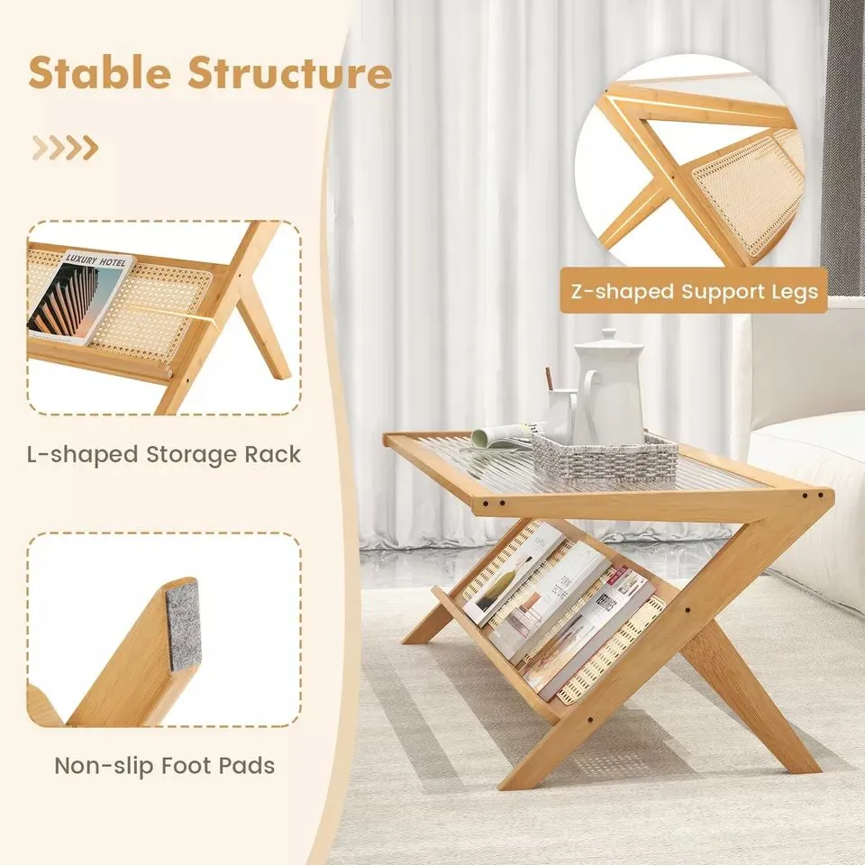 Costway 2-Tier Rectangular Coffee Table Modern Center Bamboo Table with Glass Tabletop in Natural 6